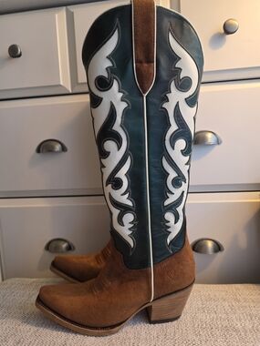 Ariat Brown Suede & Teal White Inlay Western Cowboy Boots Size 37. narrow